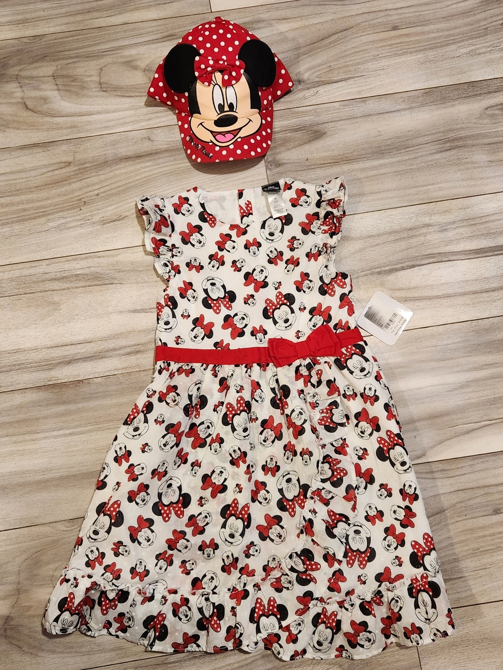 Disney White Dress with Red & Black Minnie Mouse Print Waist Bow & Cap Sz. 6
